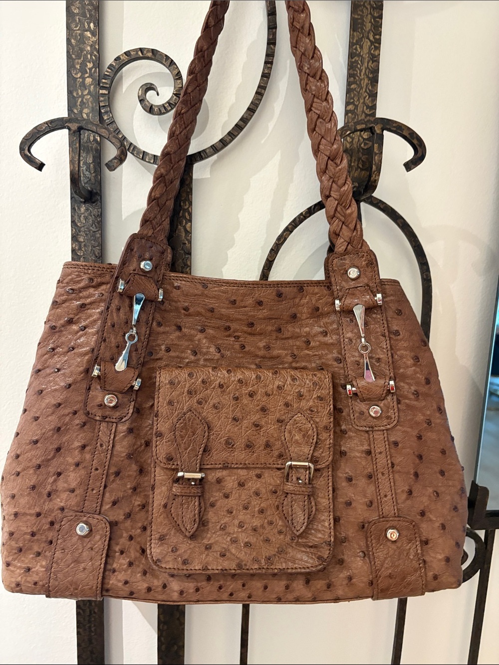 Textured Brown Shoulder Bag with Braided Straps